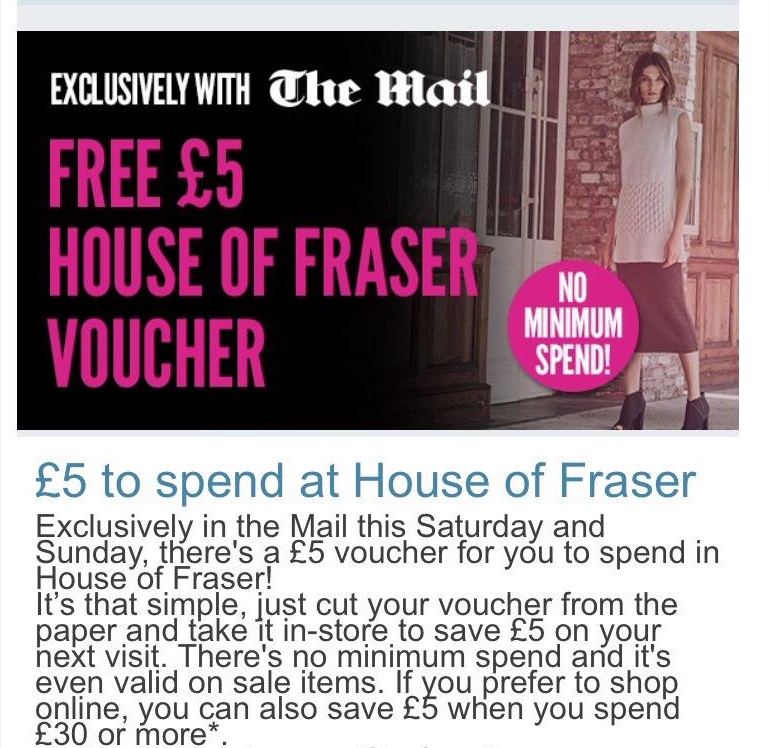 FREE £5 House of Fraser Voucher With Daily Mail Gratisfaction UK